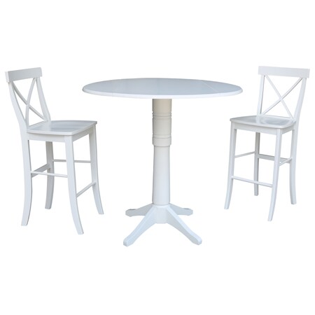 International Concepts Round 42, Round Pedestal Bar Height Table with 2 Bar Height Stools, White, 42 in W, 42 in L, Wood K08-42DP-27B-S6133-2